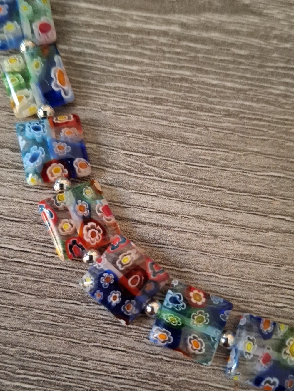 Necklace Italian Millefiori Floral Square Vintage Beads 20" Sterling Silver